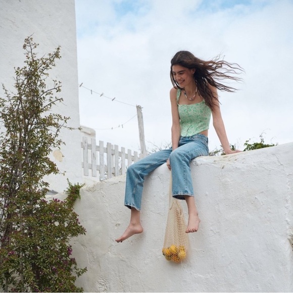 ZARA POPLIN CORSET GREEN FLORAL top size Small - Picture 3 of 7